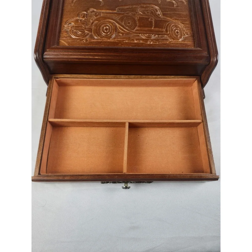 Vintage Men's Rosalco Wooden Valet Jewelry Box Classic Car Carving Mirror Case